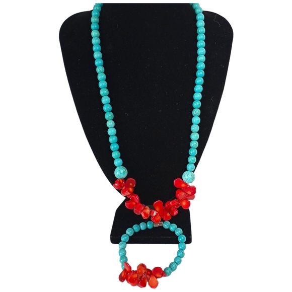 Set of 2 Womens Necklace Stone Bracelet, Turquoise Coral  Nautical Boho Red - Picture 1 of 6